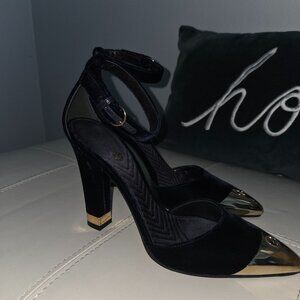 Armani D'Orsay Blue Velvet Ankle Strap Gold Toe Heels